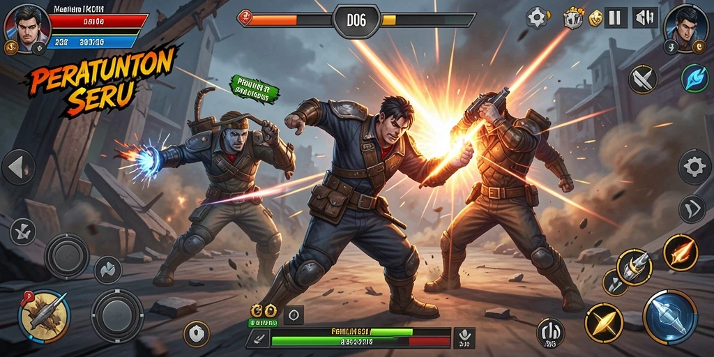 Gameplay D06 yang intens dan penuh aksi di arena pertempuran.