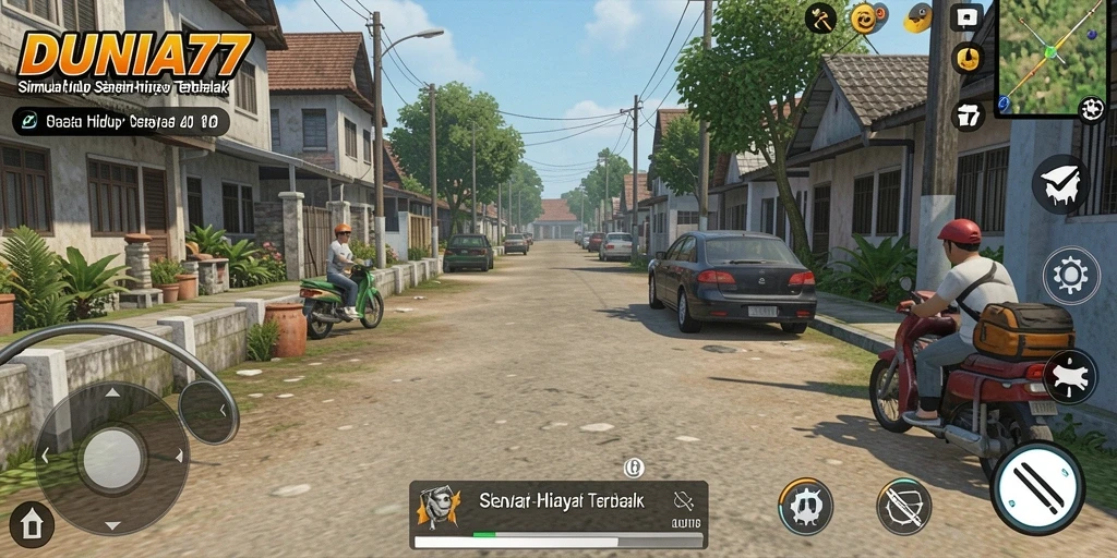 Screenshot gameplay DUNIA77 menampilkan interaksi sosial dan aktivitas sehari-hari.