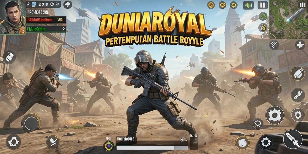 Screenshot DUNIAROYAL menampilkan aksi seru dalam pertempuran Battle Royale.