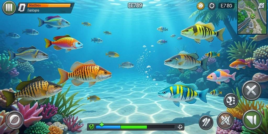 Screenshot gameplay EE789 yang menampilkan aksi menembak ikan.