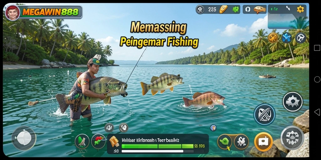 Tampilan gameplay MEGAWIN888 dengan pemandangan memancing yang dramatis.