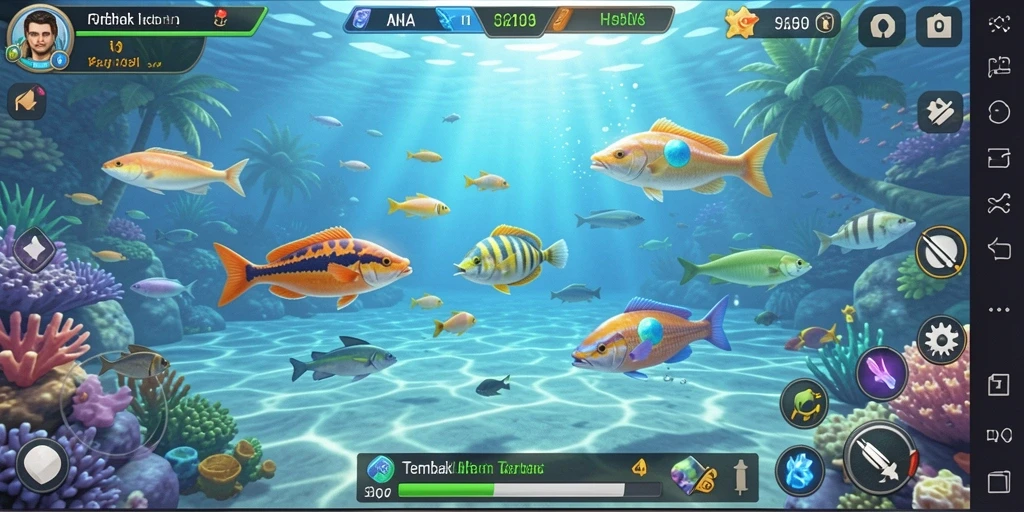 Tampilan gameplay V21 dengan berbagai jenis ikan.